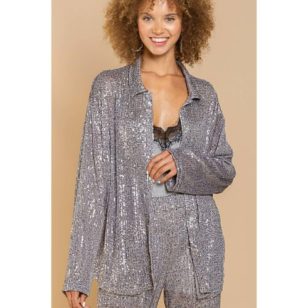 Life's a Party Sequin Button-Up Shirt in Grey - Picture 9 of 12